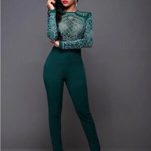 Elegant Green Embellished Jumpsuit